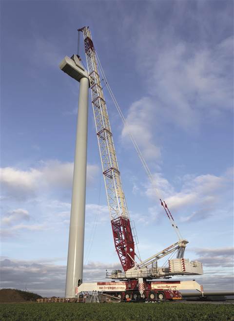 A Liebherr LG 1750 from the SE Levage fleet in France erecting a wind turbine